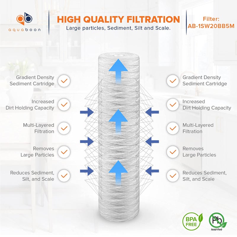 Aquaboon 5 Micron 20 x 4.5 Whole House String Wound Water Filter Replacement Cartridge for Well Water Filtration Compatible with WP5BB20P, 2-Pack - Image 3